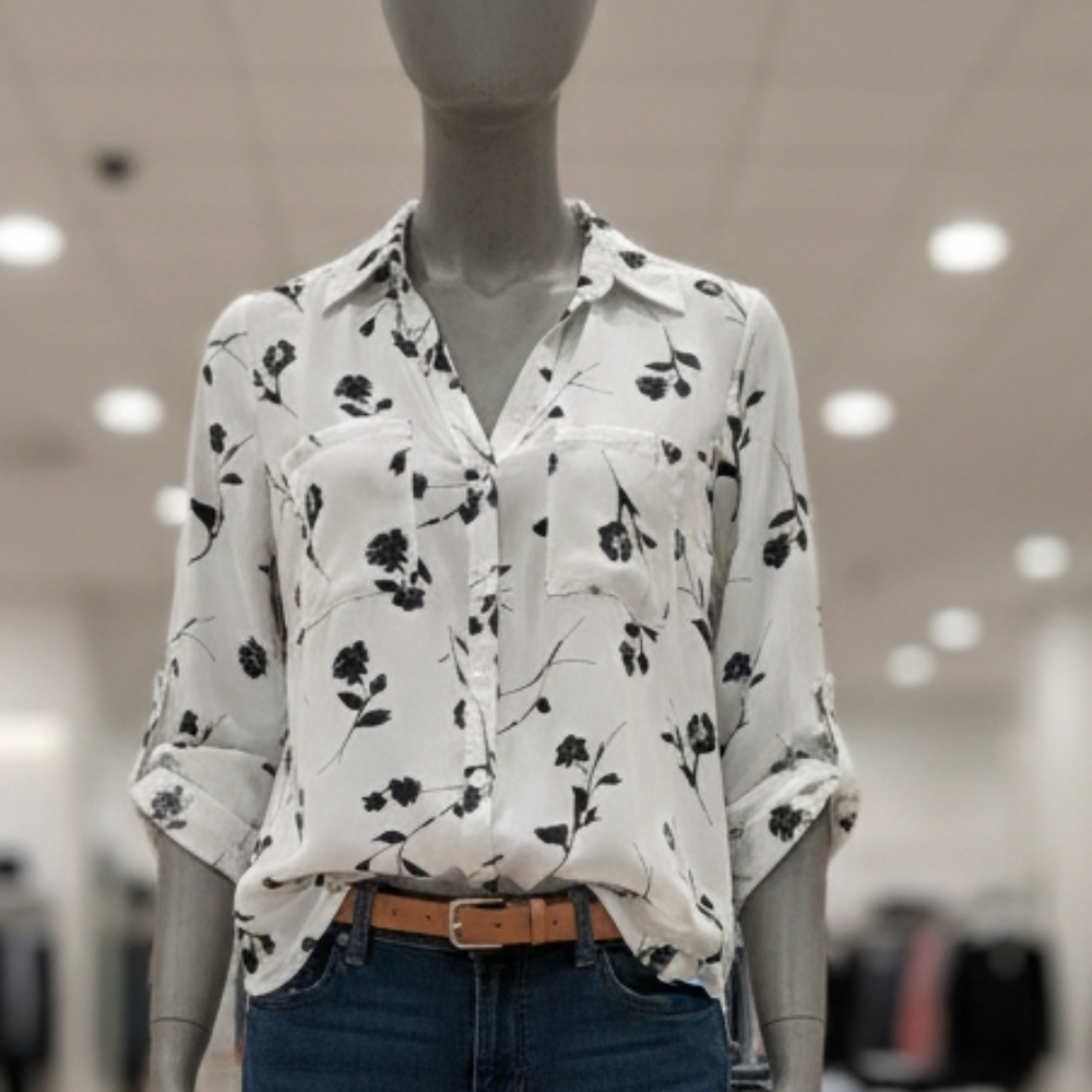 Floral Print Button Down Shirt - White and Black
